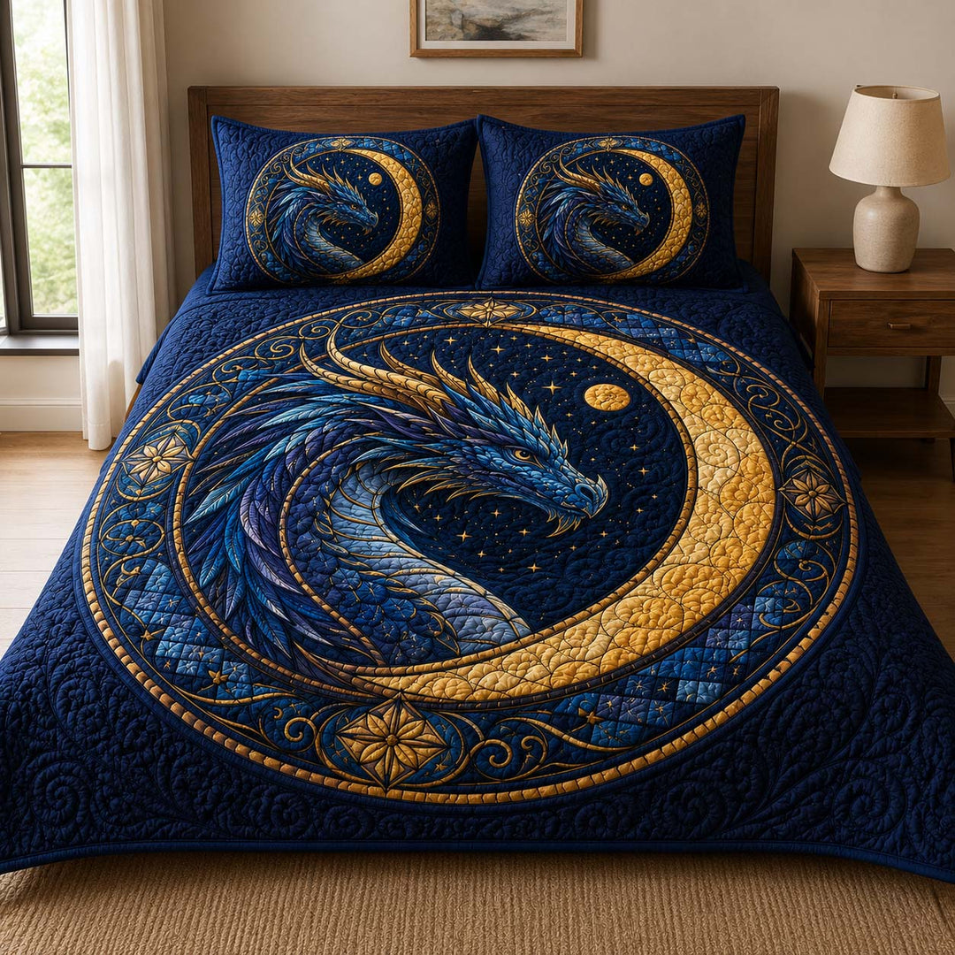 Celestial Blue Dragon Crescent Moon Bamboo Quilt Bedding Set
