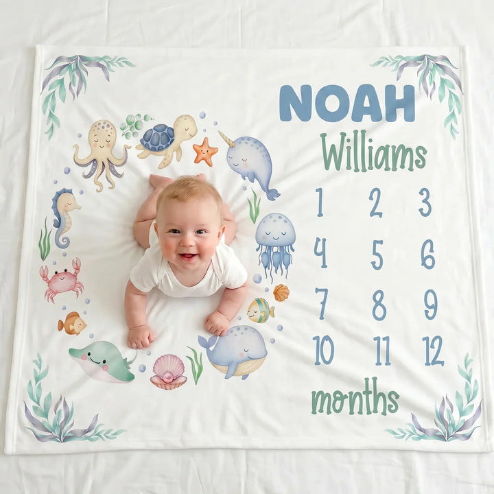 Personalized Ocean Animals Baby Milestone Bamboo Blanket