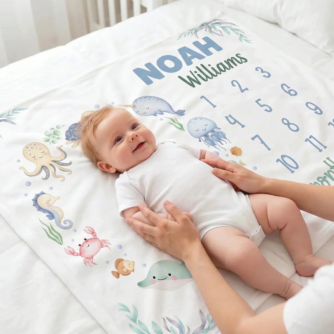 Personalized Ocean Animals Baby Milestone Bamboo Blanket
