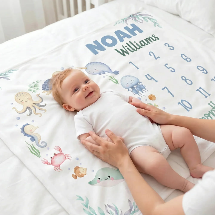 Personalized Ocean Animals Baby Milestone Bamboo Blanket