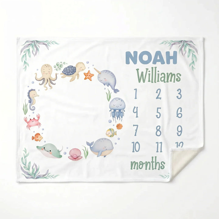 Personalized Ocean Animals Baby Milestone Bamboo Blanket