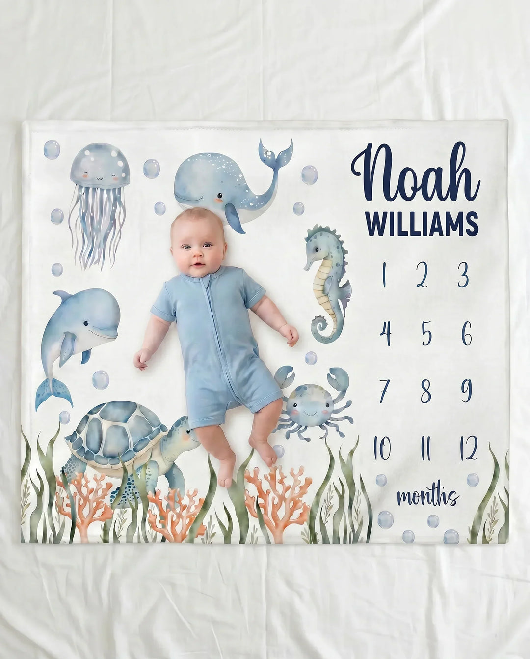 Personalized Ocean Animals Baby Milestone Bamboo Blanket