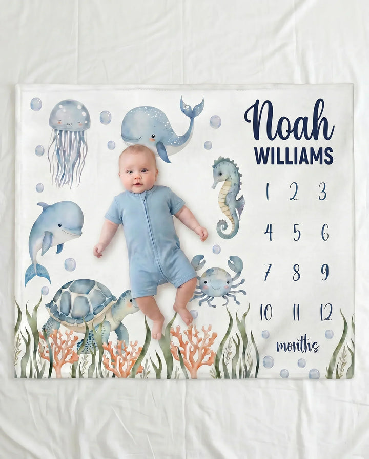 Personalized Ocean Animals Baby Milestone Bamboo Blanket