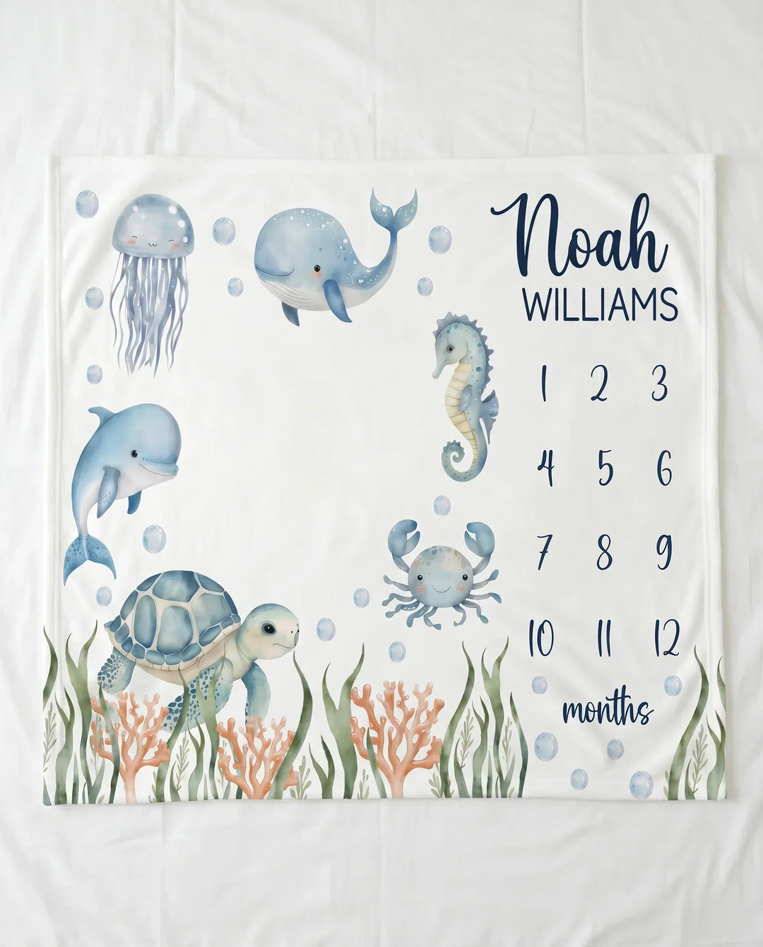 Personalized Ocean Animals Baby Milestone Bamboo Blanket