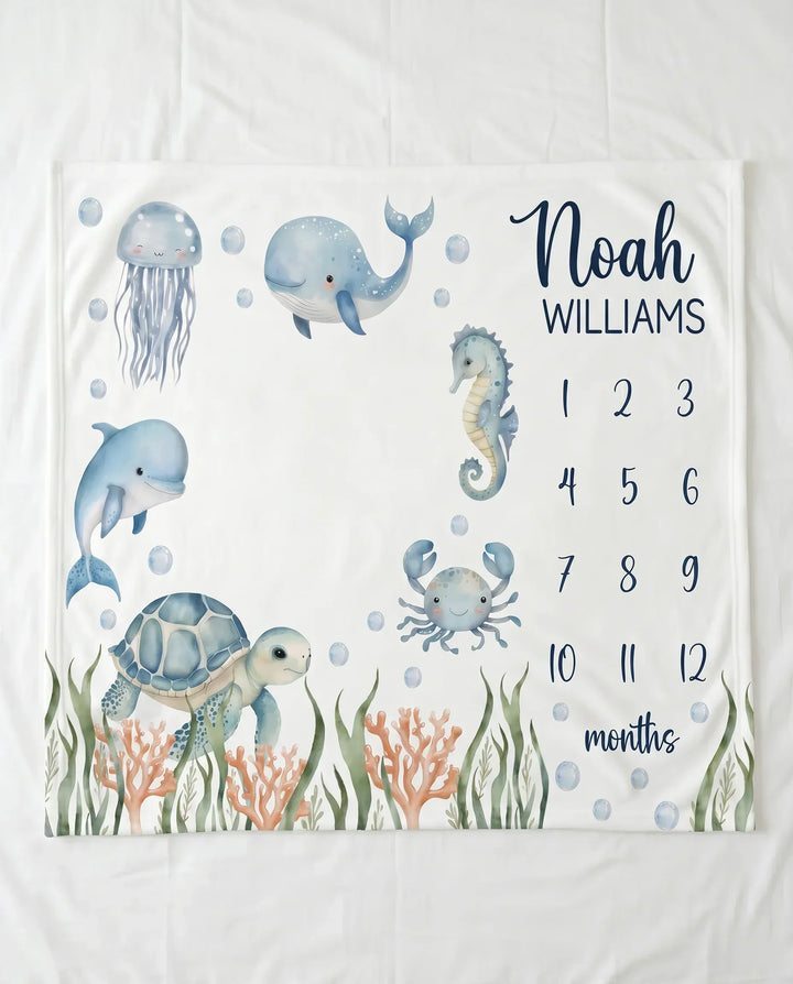 Personalized Ocean Animals Baby Milestone Bamboo Blanket
