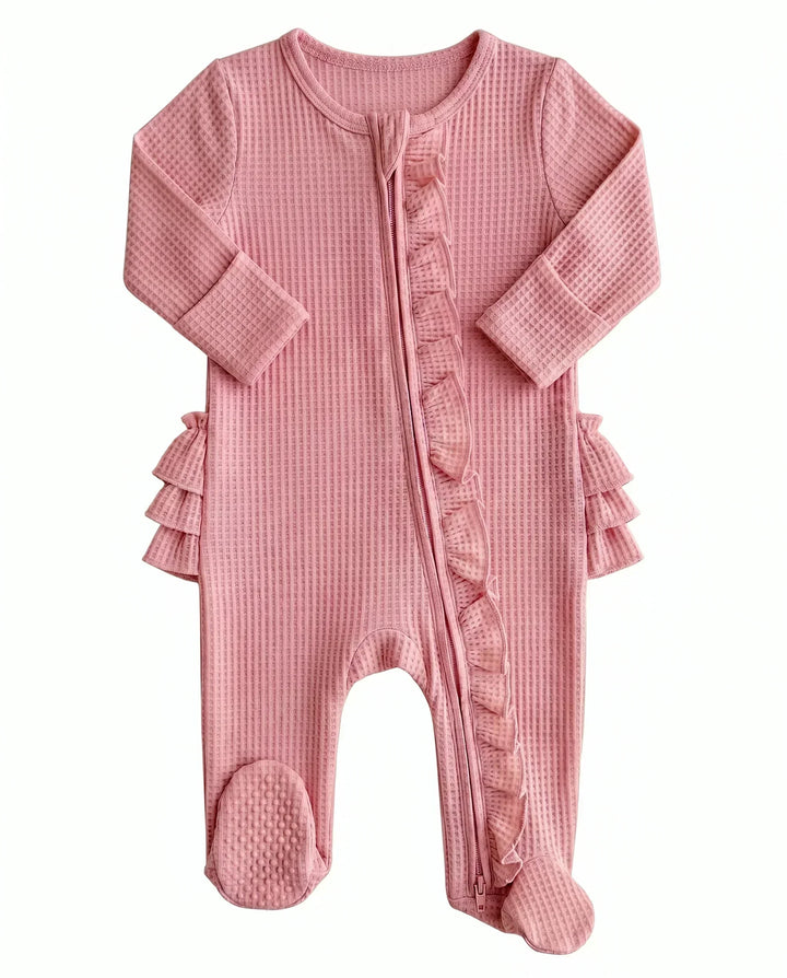Waffle Zipper Ruffle Footie
