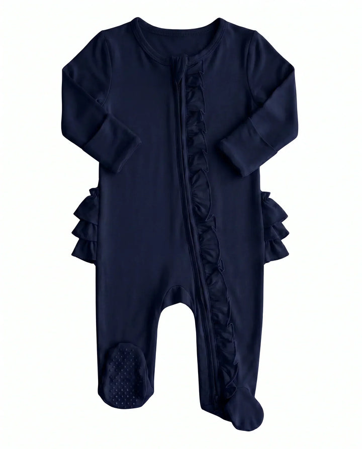 Solid Color Zipper Ruffle Footie
