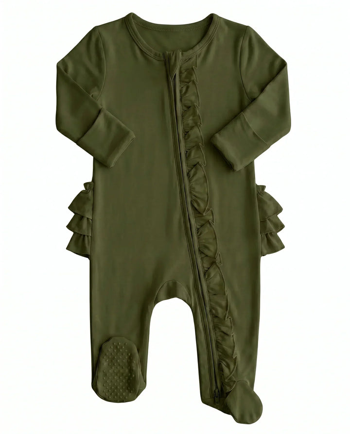 Solid Color Zipper Ruffle Footie