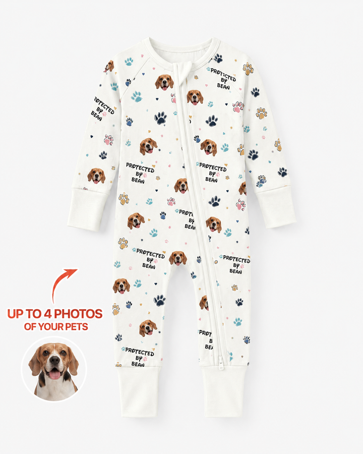 Custom Dogs Photo "Protected By" Bamboo Convertible Zippered Romper