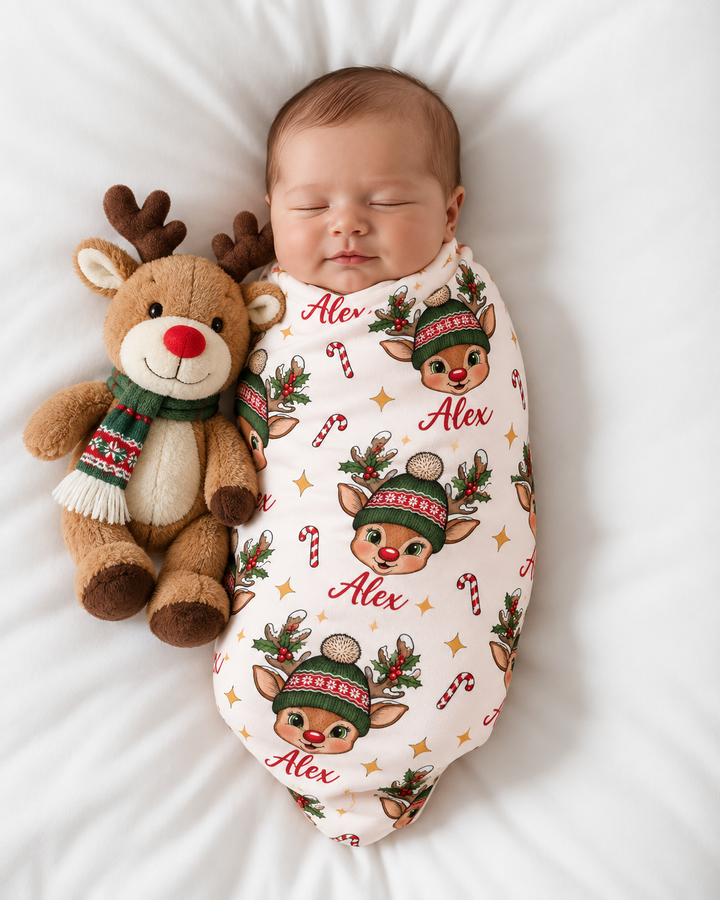 Custom Name Christmas Reindeer Bamboo Swaddle Blanket