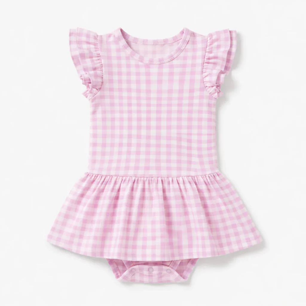 Gingham Bamboo Cap Sleeve Ruffle Dress