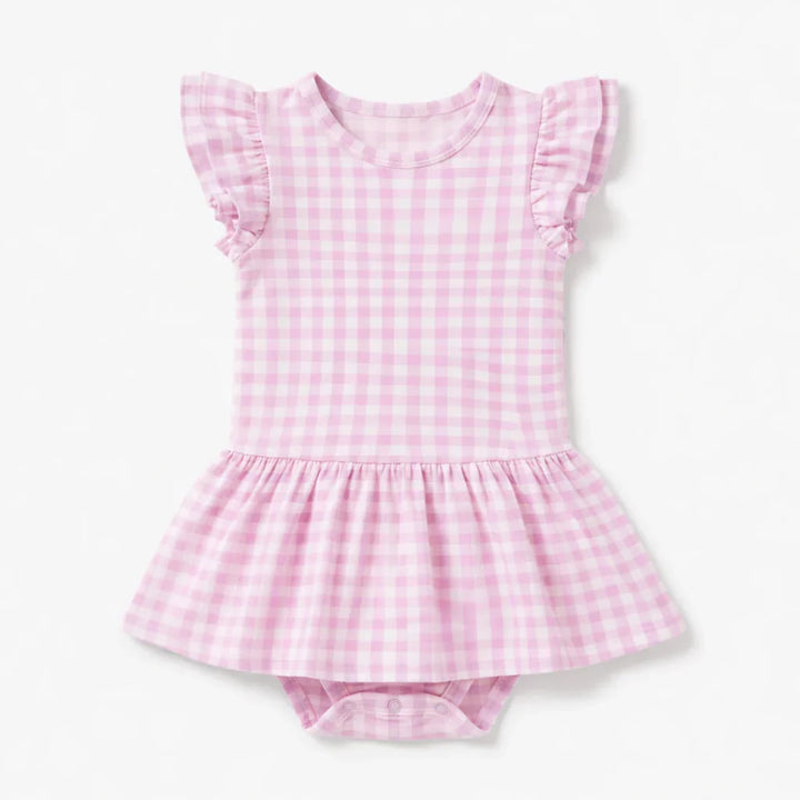 Gingham Bamboo Cap Sleeve Ruffle Dress