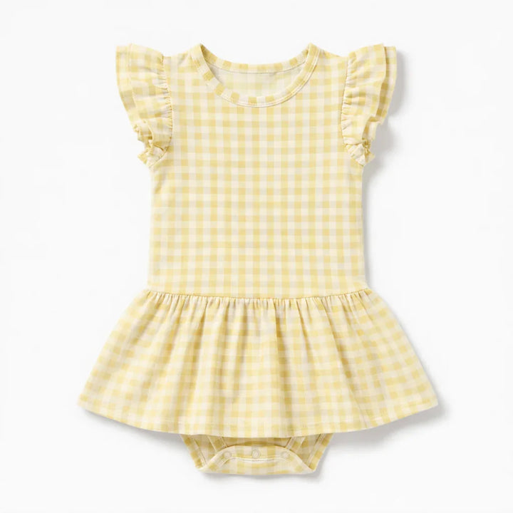Gingham Bamboo Cap Sleeve Ruffle Dress