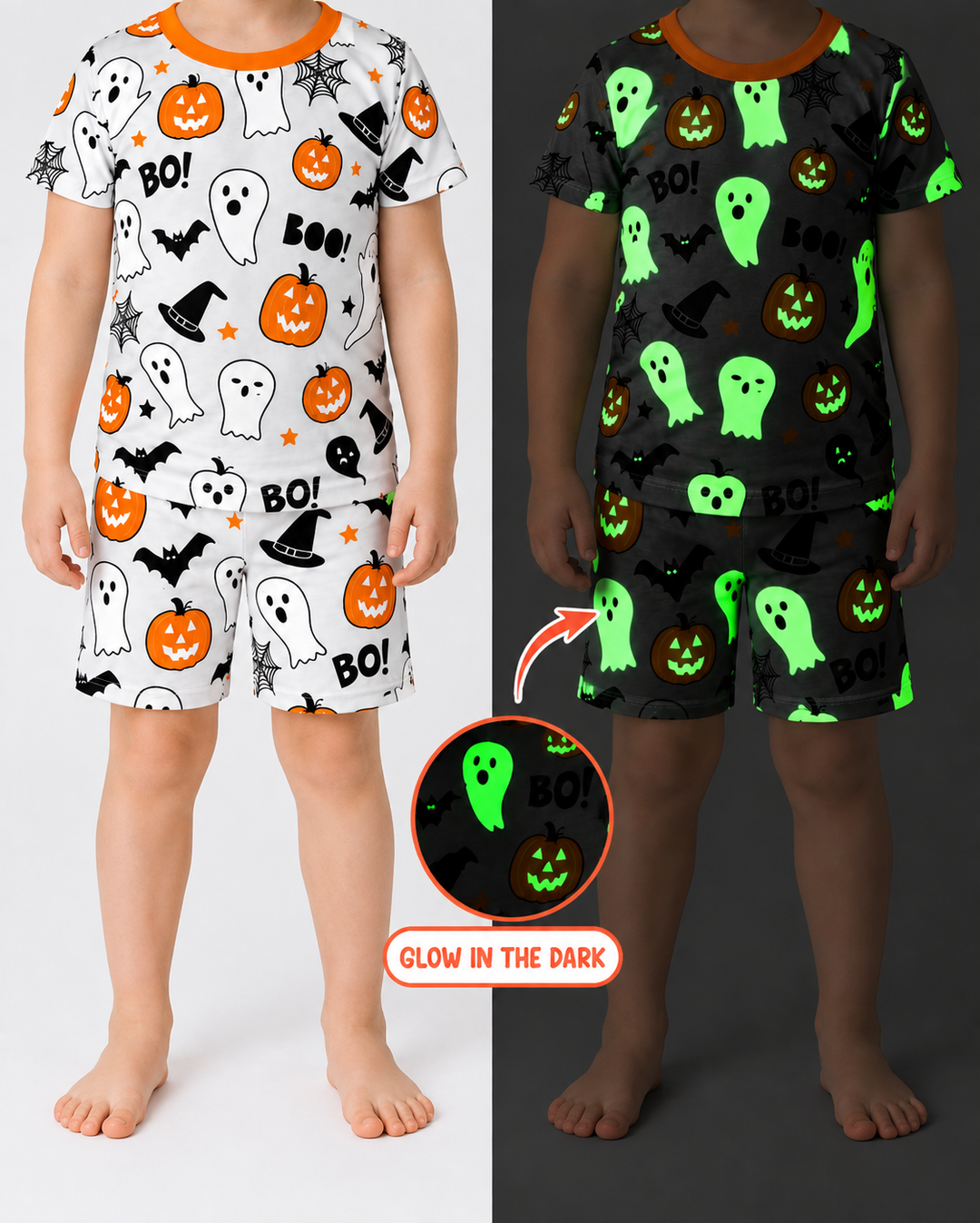 Halloween Boo & Pumpkin Glow In The Dark Bamboo Two Piece Short Sleeve Shorts Pyjamas Set