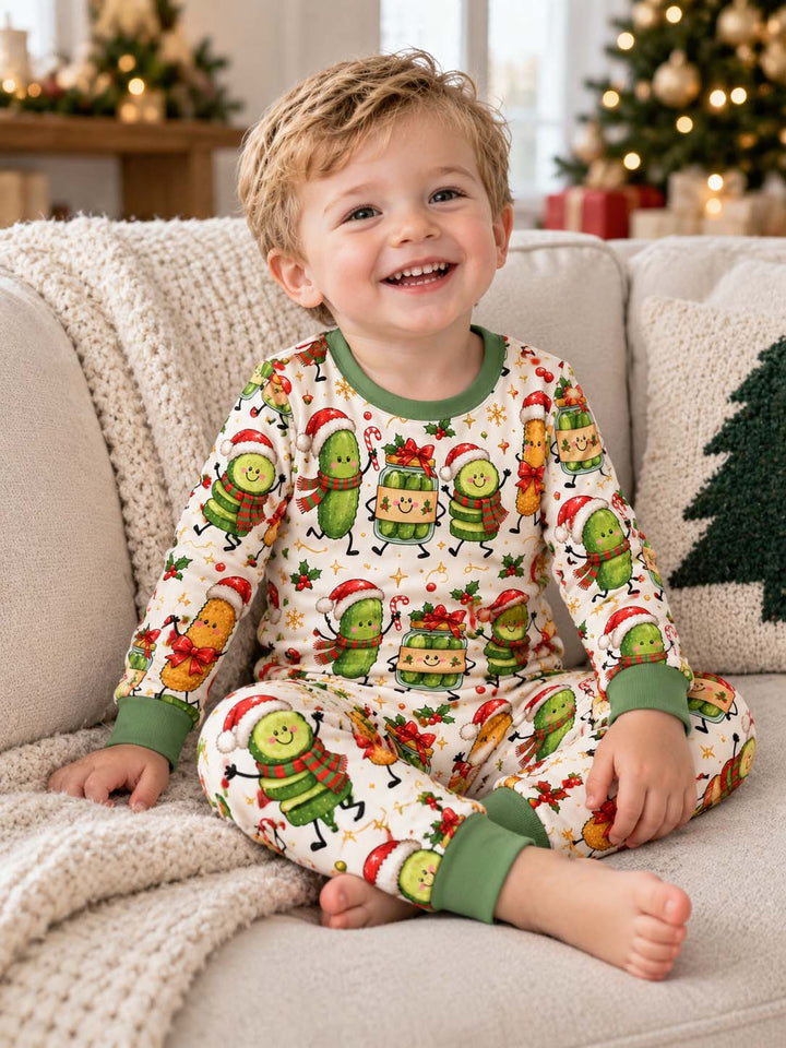 Cheerful Christmas Pickle Parade Bamboo Two Piece Long Sleeve Pajama Set