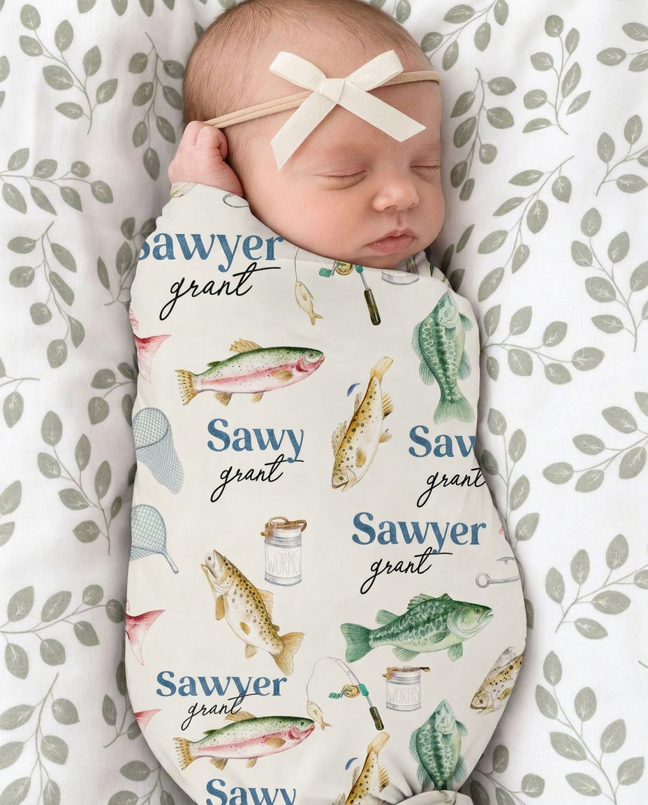 Personalized Baby Name Gone Fishing Bamboo Swaddle Blanket