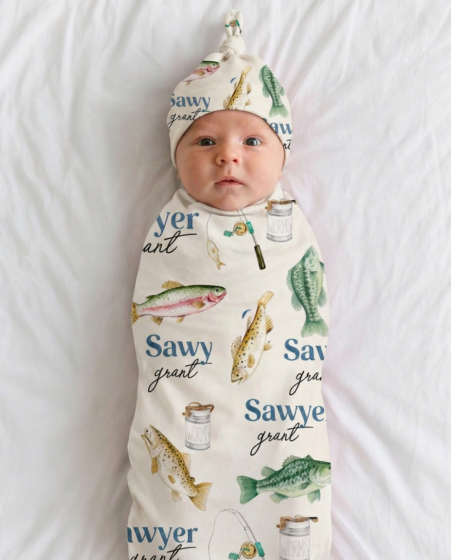 Personalized Baby Name Gone Fishing Bamboo Swaddle Blanket