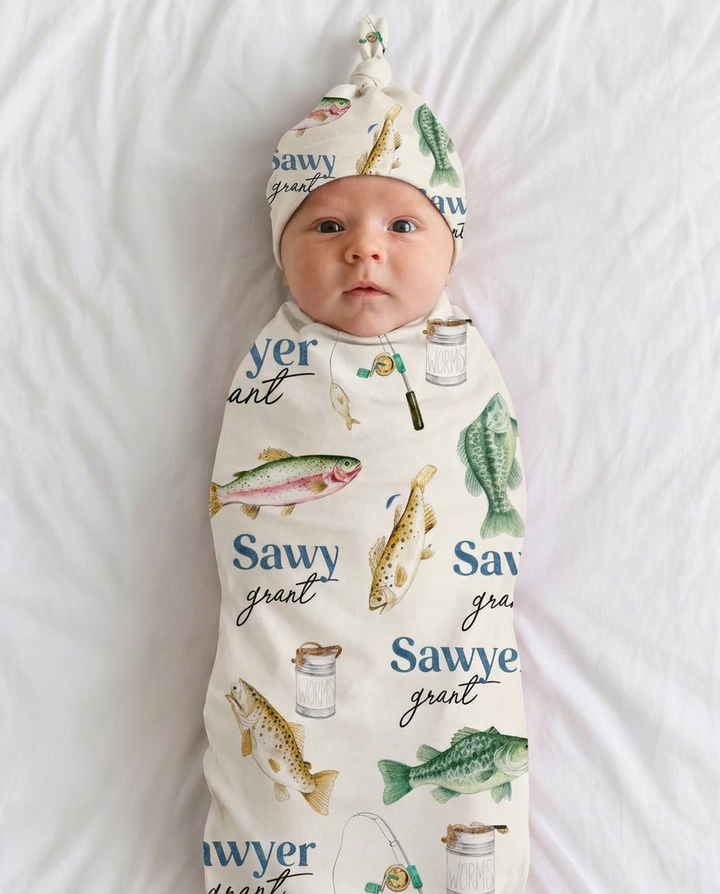 Personalized Baby Name Gone Fishing Bamboo Swaddle Blanket
