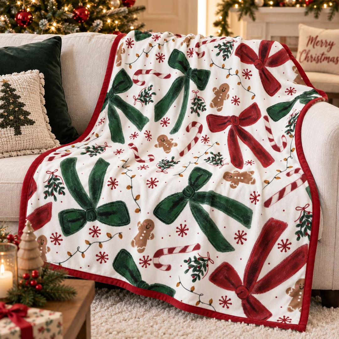 Christmas Bows Candy Canes and Gingerbread Bamboo Blanket