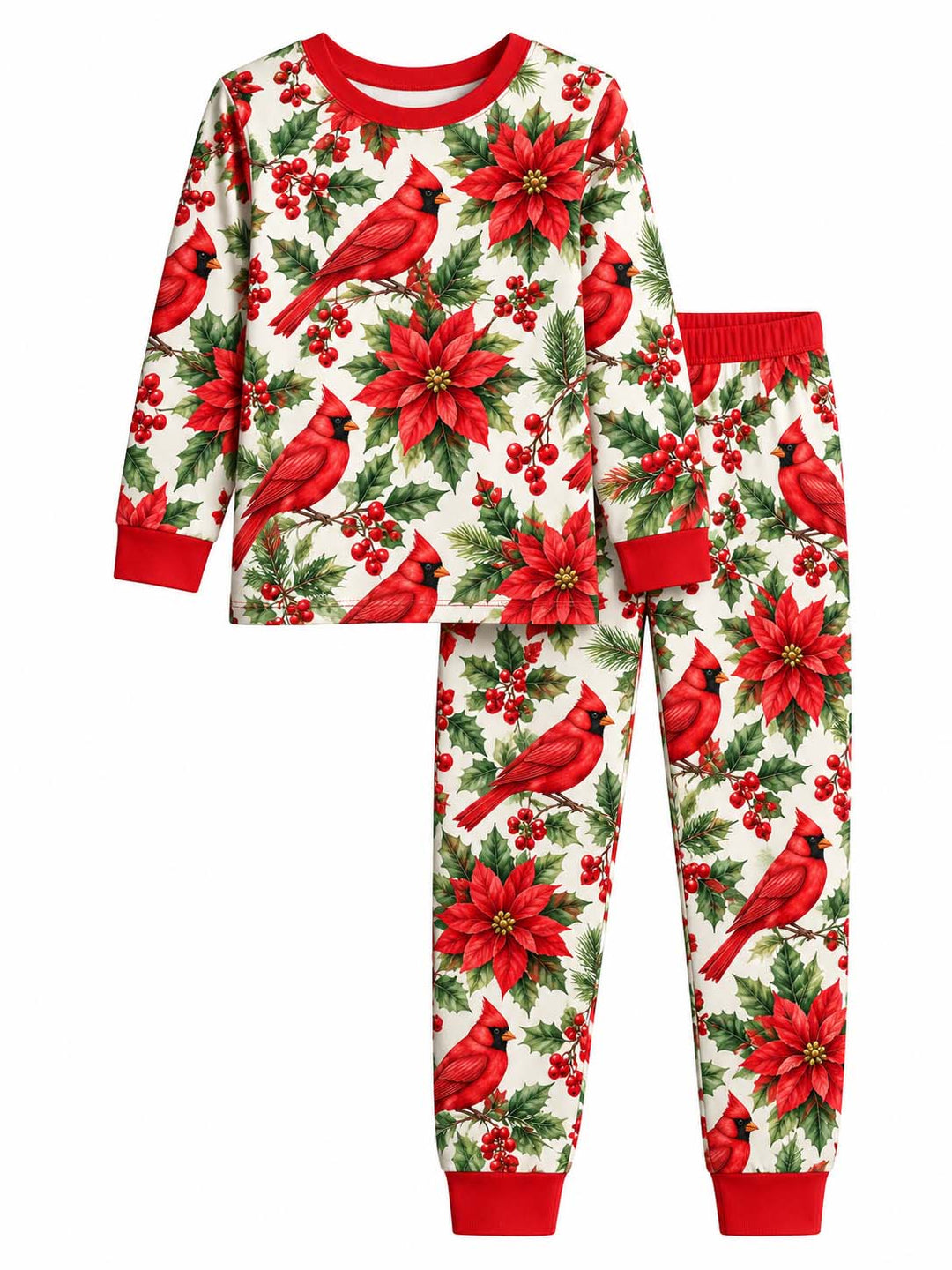 Christmas Cardinals and Poinsettias Bamboo Two Piece Long Sleeve Pajama Set