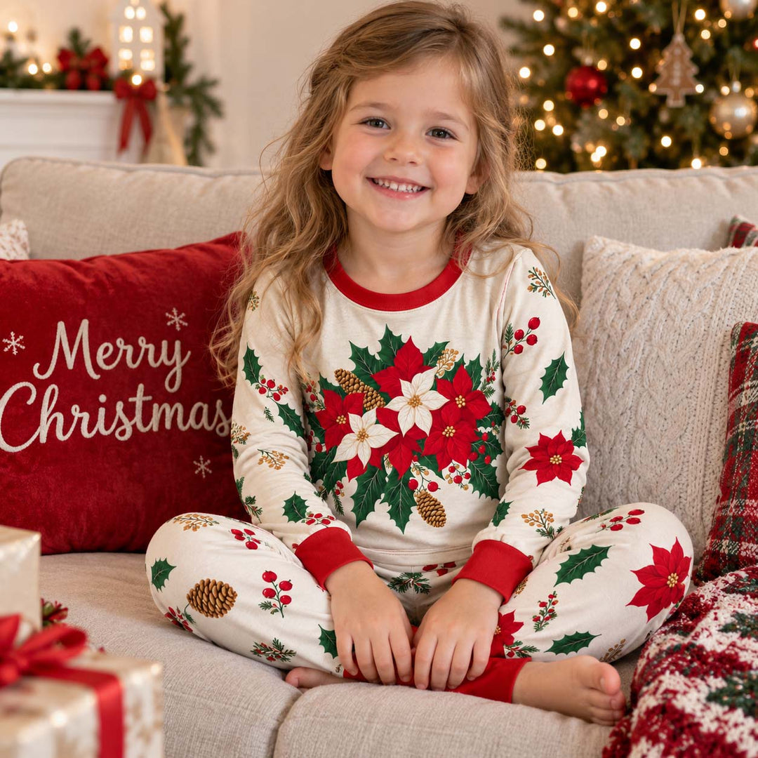 Christmas Poinsettia Holly Bouquet Bamboo Two Piece Long Sleeve Pajama Set