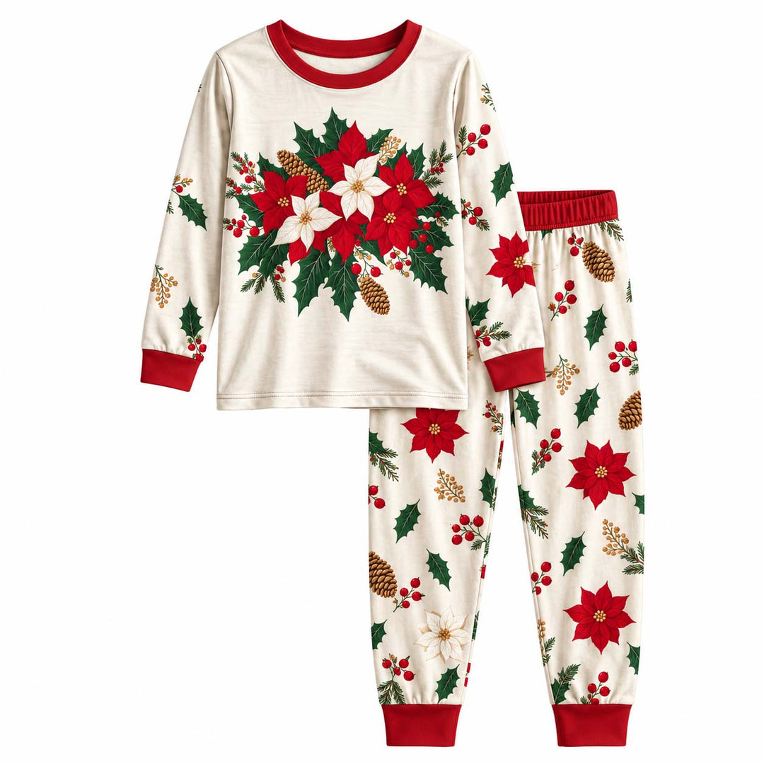 Christmas Poinsettia Holly Bouquet Bamboo Two Piece Long Sleeve Pajama Set
