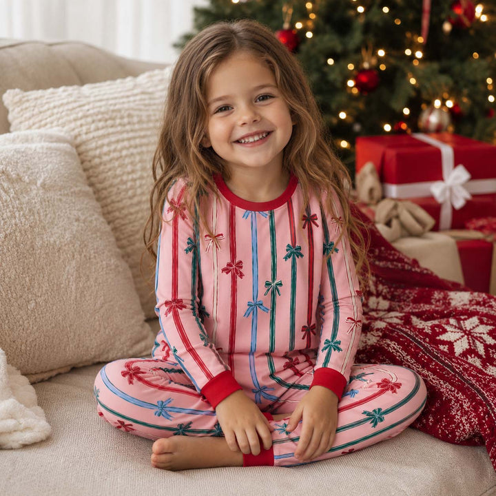 Christmas Ribbon Bows Bamboo Two Piece Long Sleeve Pajama Set