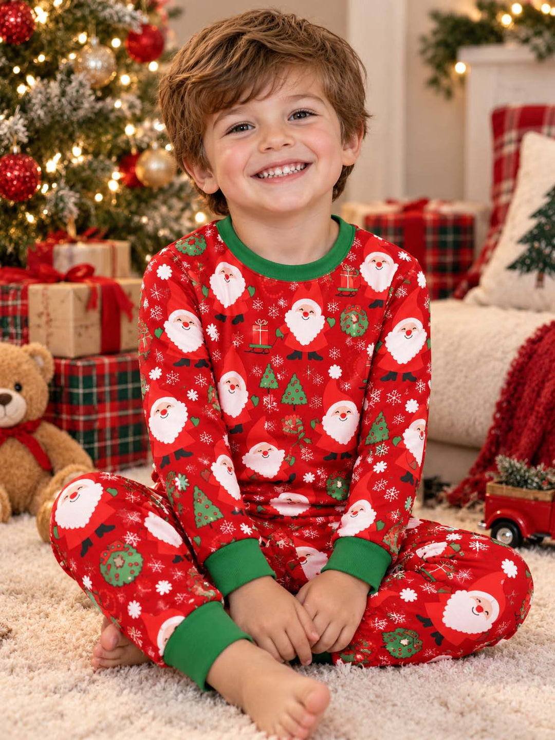 Christmas Santa and Snowflakes Bamboo Two Piece Long Sleeve Pajama Set
