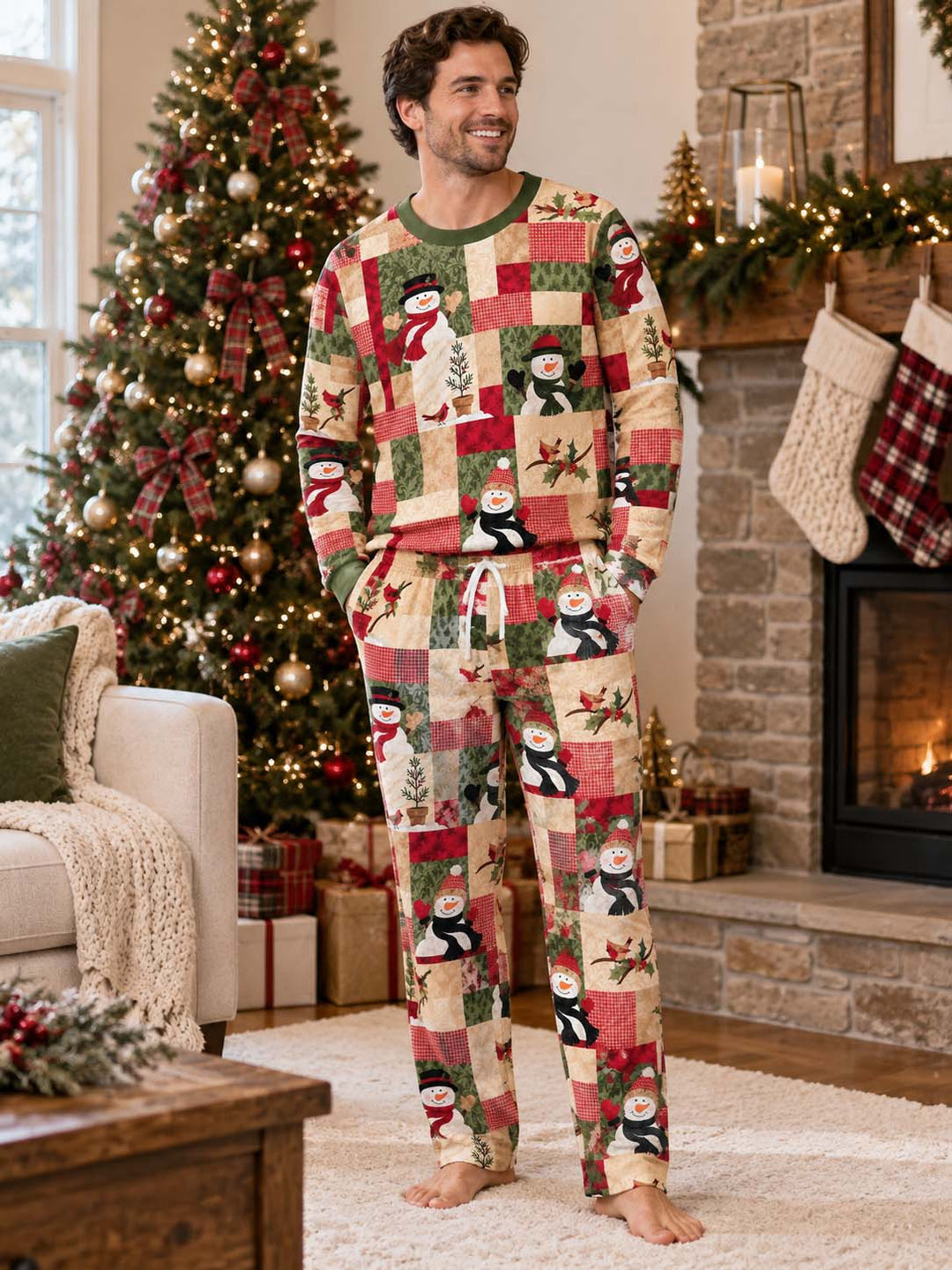 Christmas Snowman Patchwork Bamboo Men's Pajama Set