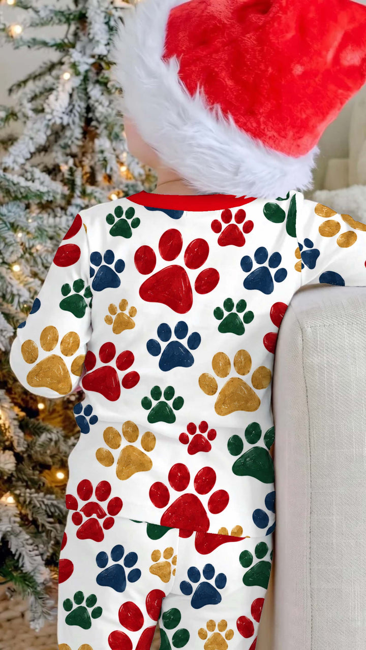 Classic Christmas Color Paw Prints Bamboo Two Piece Long Sleeve Pajama Set