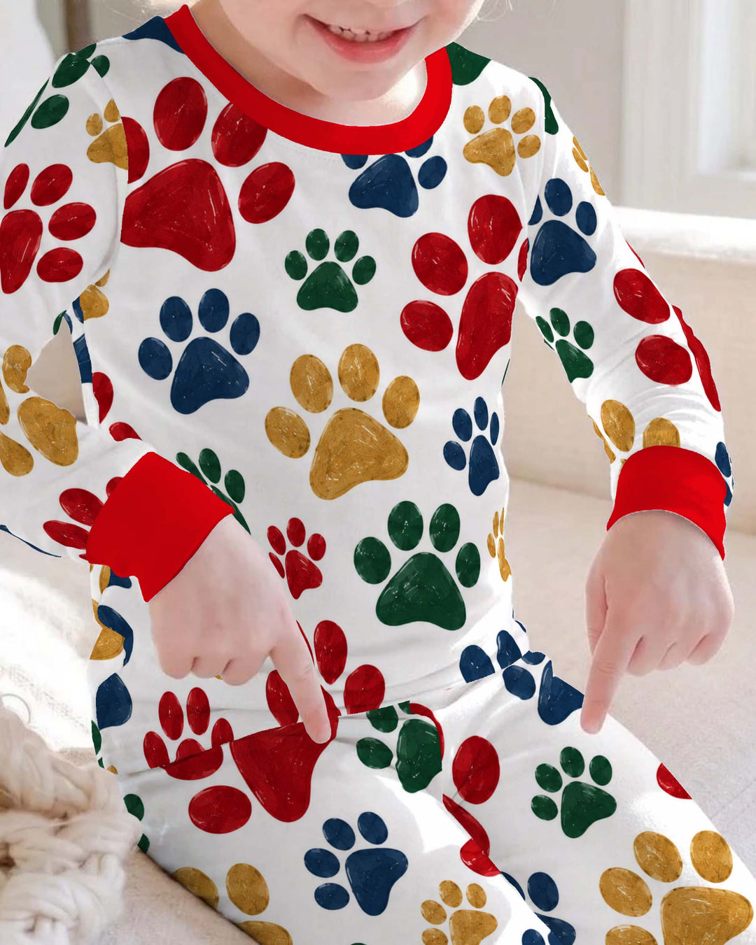 Classic Christmas Color Paw Prints Bamboo Two Piece Long Sleeve Pajama Set