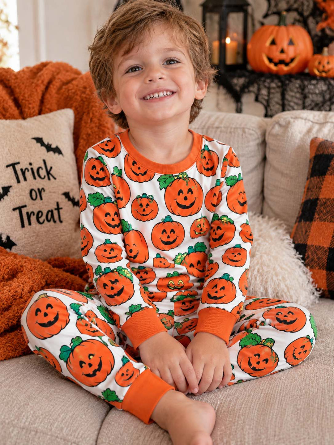Classic Happy Jack O Lanterns Bamboo Two Piece Long Sleeve Pajama Set