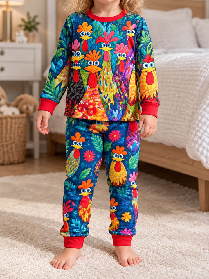 Colorful Chicken Garden Red Bamboo Two Piece Long Sleeve Pajama Set
