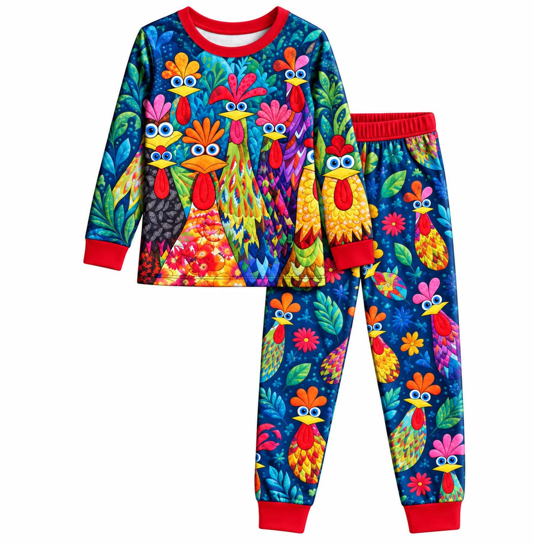 Colorful Chicken Garden Red Bamboo Two Piece Long Sleeve Pajama Set