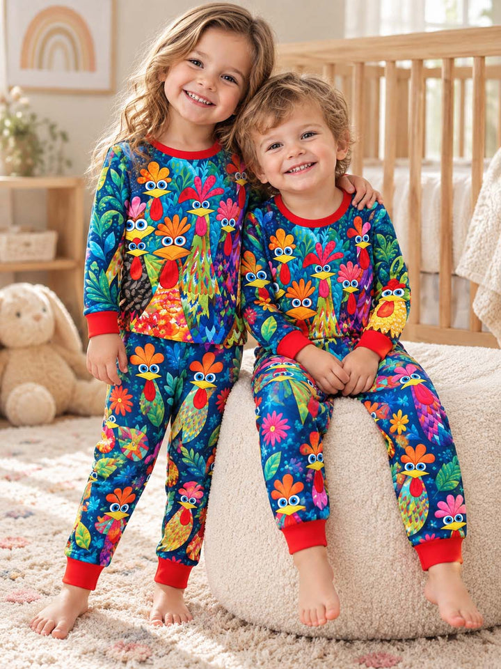 Colorful Chicken Garden Red Bamboo Two Piece Long Sleeve Pajama Set