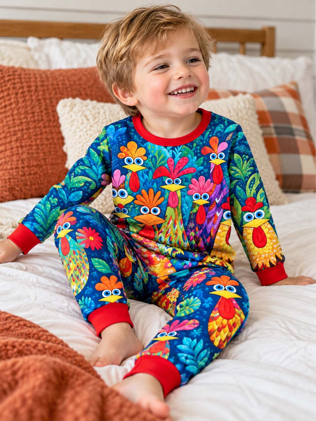 Colorful Chicken Garden Red Bamboo Two Piece Long Sleeve Pajama Set