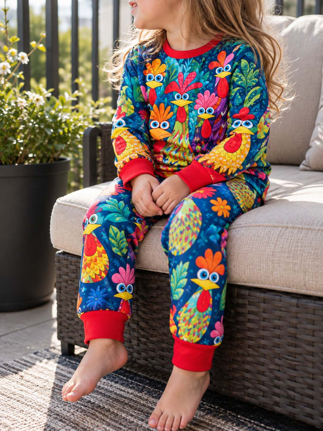 Colorful Chicken Garden Red Bamboo Two Piece Long Sleeve Pajama Set