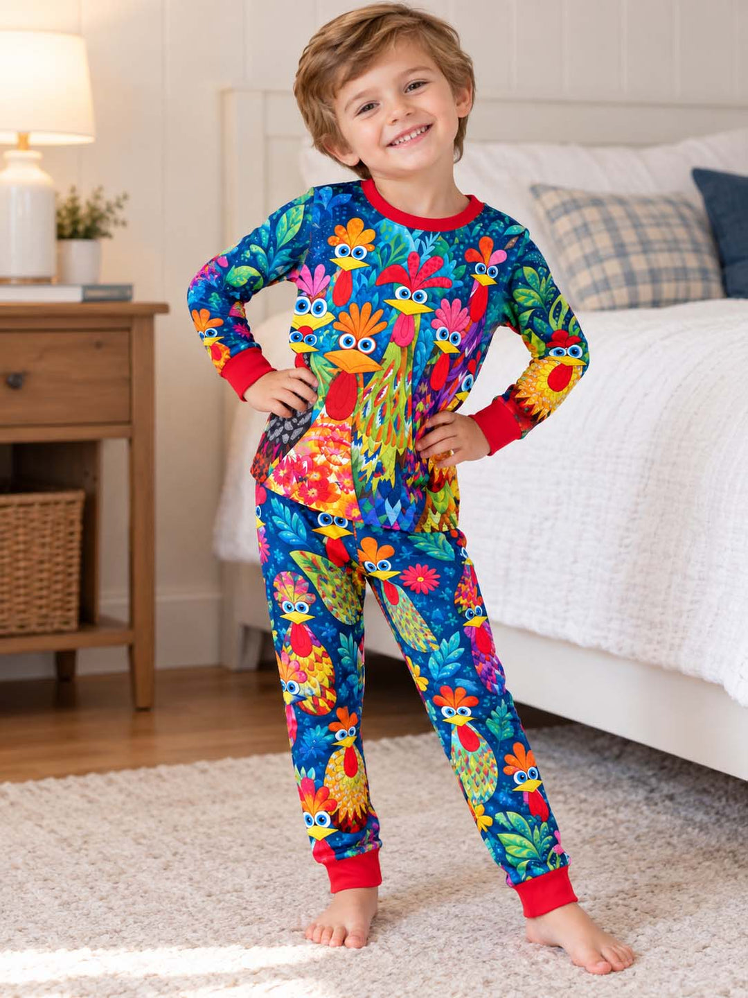 Colorful Chicken Garden Red Bamboo Two Piece Long Sleeve Pajama Set