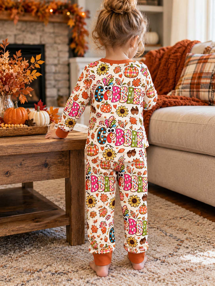 Colorful Fall Gobble Turkey Bamboo Two Piece Long Sleeve Pajama Set
