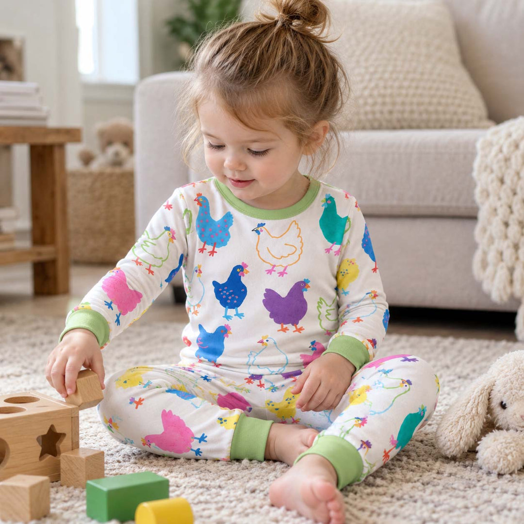 Colorful Farm Hens Bamboo Two Piece Long Sleeve Pajama Set