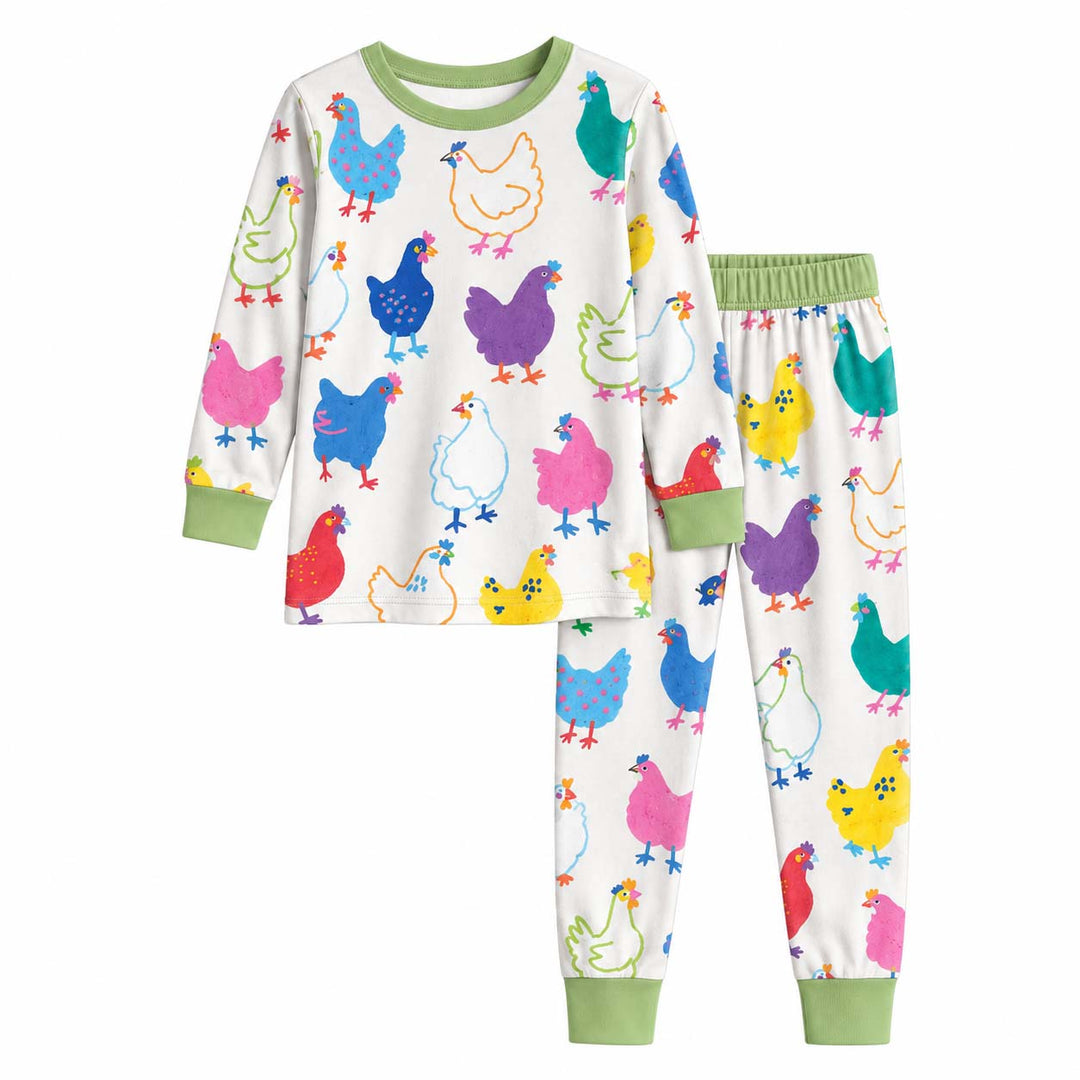 Colorful Farm Hens Bamboo Two Piece Long Sleeve Pajama Set