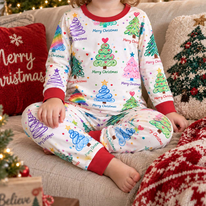 Colorful Hand Drawn Christmas Trees Bamboo Two Piece Long Sleeve Pajama Set