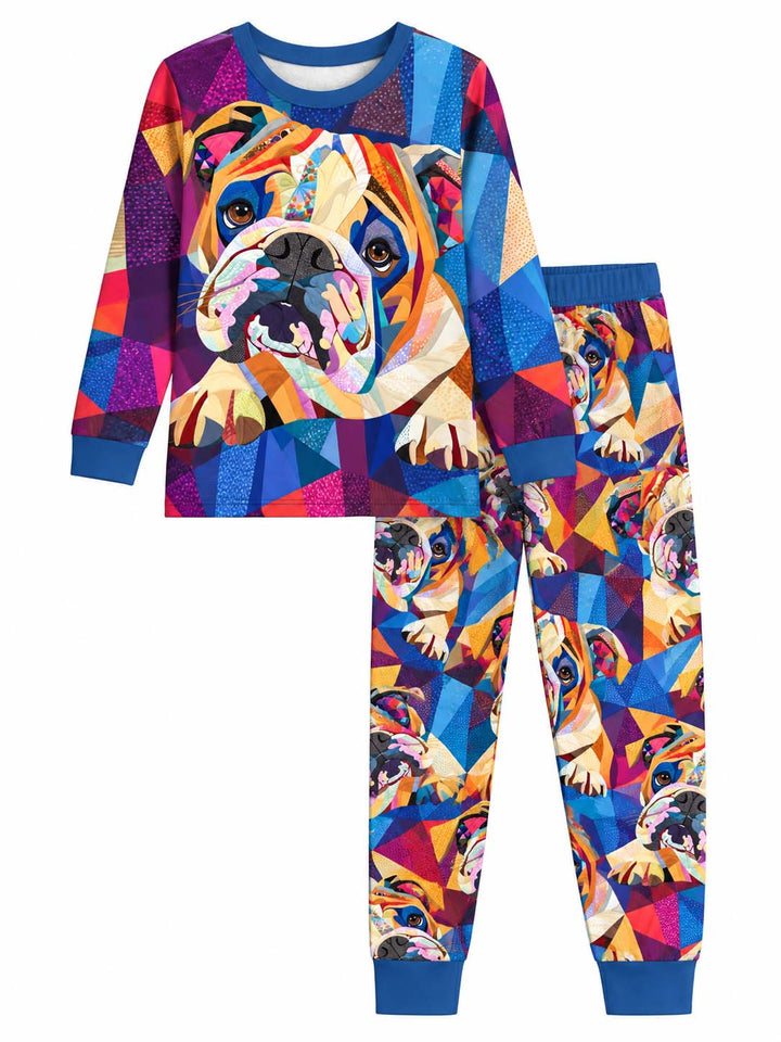 Colorful Patchwork Bulldog Bamboo Two Piece Long Sleeve Pajama Set