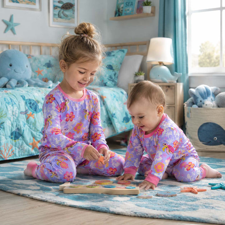 Colorful Turtle Parade Bamboo Two Piece Long Sleeve Pajama Set