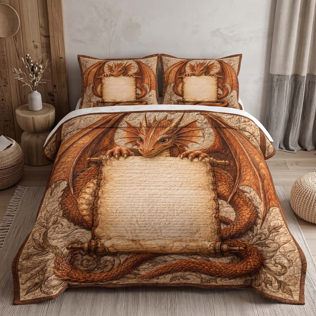 Copper Dragon Ancient Scroll Bamboo Quilt Bedding Set