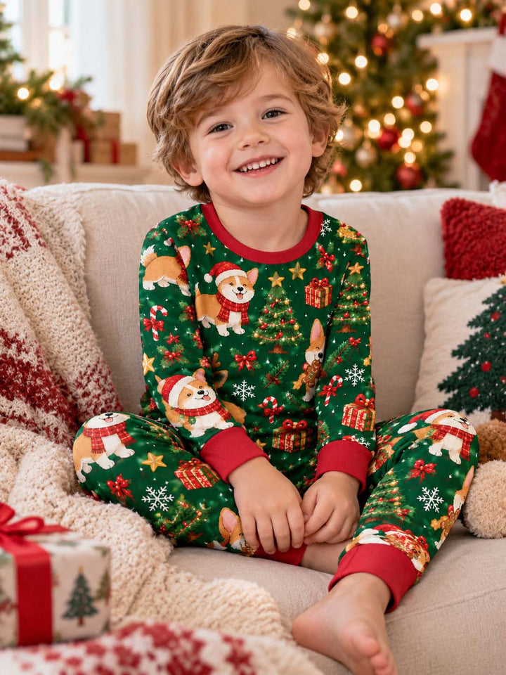 Corgi Christmas Tree Bamboo Two Piece Long Sleeve Pajama Set