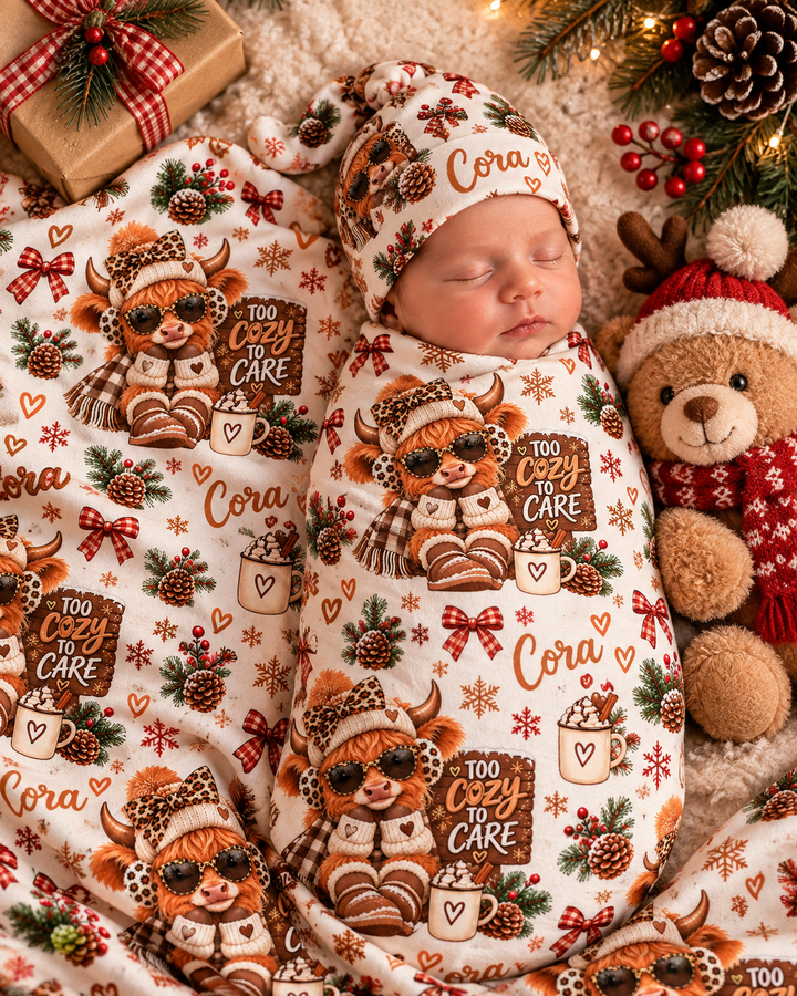 Custom Name Cozy Highland Cow Christmas Bamboo Swaddle Blanket