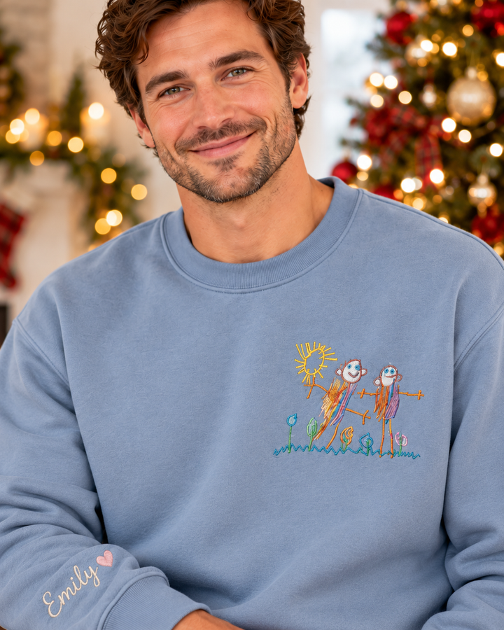 Personalized Kid's Drawing Embroidered Bamboo Men Crewneck Sweatshirt