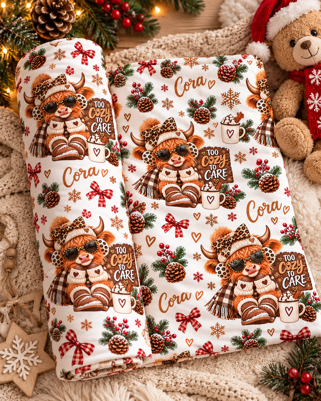 Custom Name Cozy Highland Cow Christmas Bamboo Swaddle Blanket