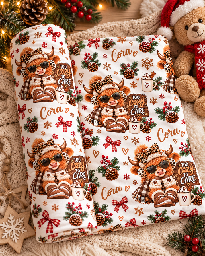 Custom Name Cozy Highland Cow Christmas Bamboo Swaddle Blanket